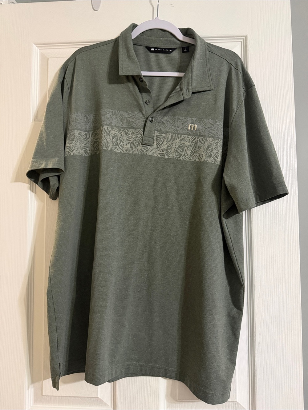 Travis Mathew Olive Green Short-Sleeve Polo with Chest Stripe
